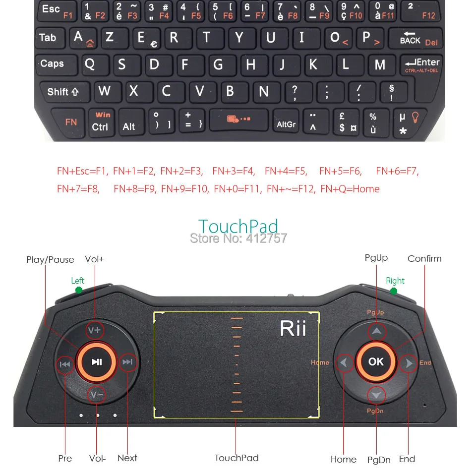 Оригинальная французская мини-клавиатура Rii i28C 2,4G AZERTY, Беспроводная клавиатура Air mouse с сенсорной панелью и подсветкой для Android tv Box