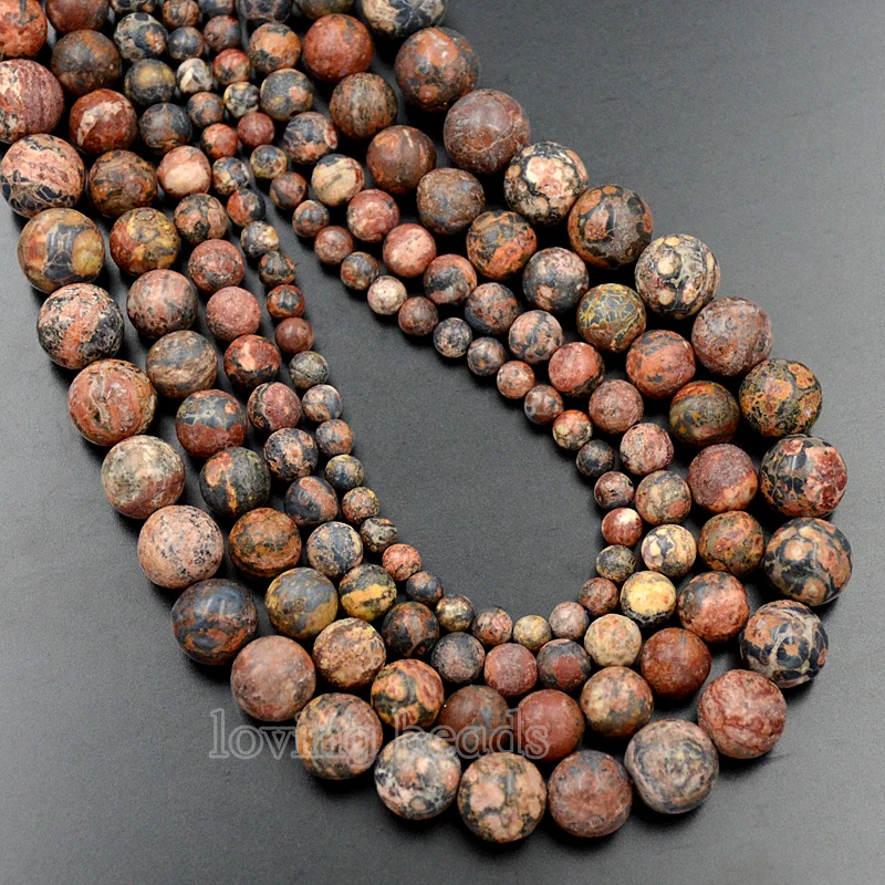 5Strands/Pack Natural Leopard Fur Stone Gems Stones Round Spacer Loose Beads 15.5" 4, 6, 8, 10
