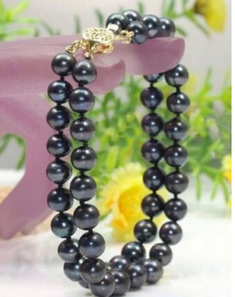 

huij 001210 GENUINE double strands 9-10mm tahitian black pearl bracelet 7.5"-8