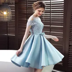 Vestido boda mujer invitada2019 кружевное атласное с вырезом «лодочкой» короткий рукав ТРАПЕЦИЕВИДНОЕ светло-Синее Короткое платье подружки невесты