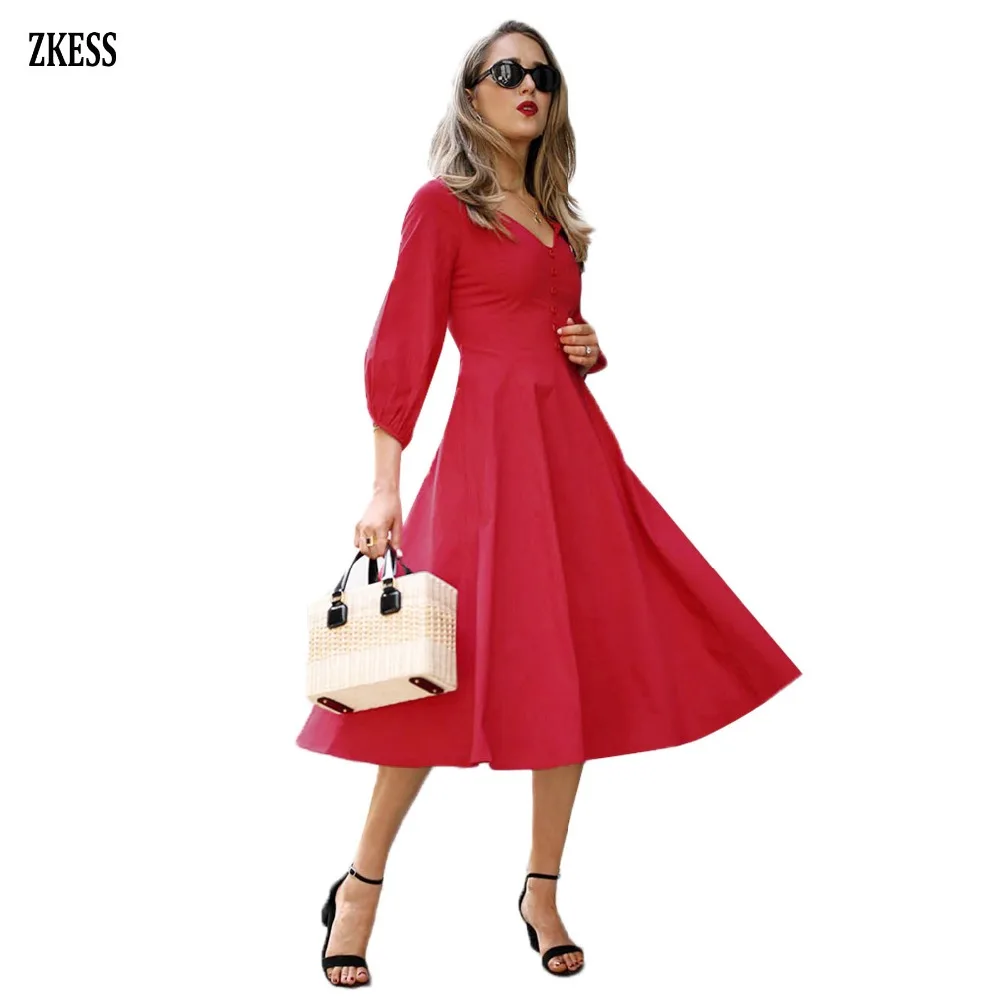 Red-Button-Front-Balloon-Sleeve-Vintage-Dress-LC610282-3-2