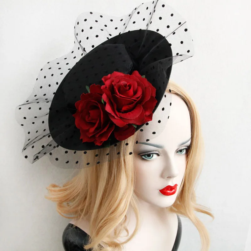 Sisjuly винтажные женские винно-красные розы цветочные шляпы шпилька сетка Ретро Выпускные вечерние элегантные женские заколки для волос аксессуары для волос