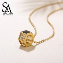 SA SILVERAGE Real 9K Yellow Gold Round Pendant Necklace Gemstone Choker Necklaces 9K Pendant With Gold Color Silver Chain