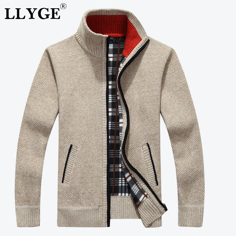 LLYGE Men's Knitted Velvet Cardigan Sweater Jacket Coat Black Cashmere