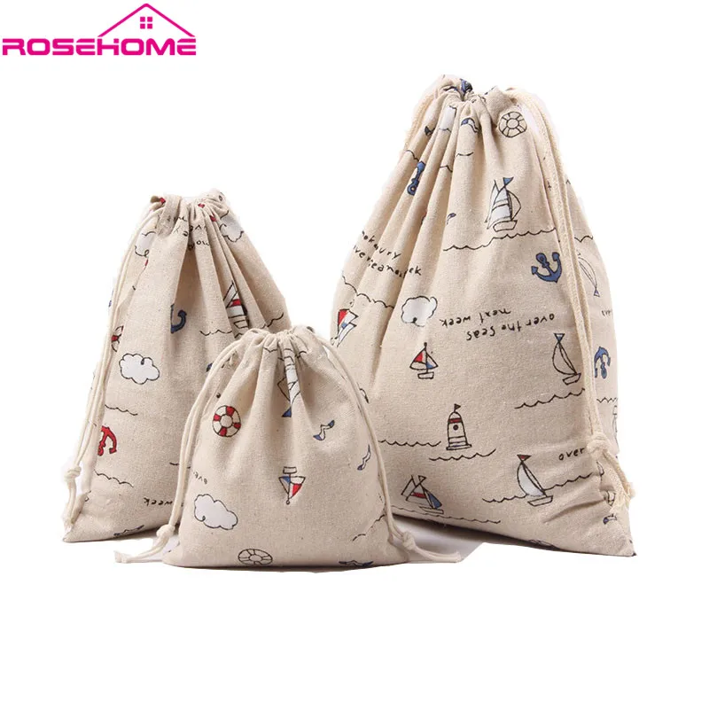 

ROSEHOME Cute Drawstring Storage Bag Linen & Cotton Ship Cloud Printed Storage Bag for Clothing Snack Sundries Toys Home Decor