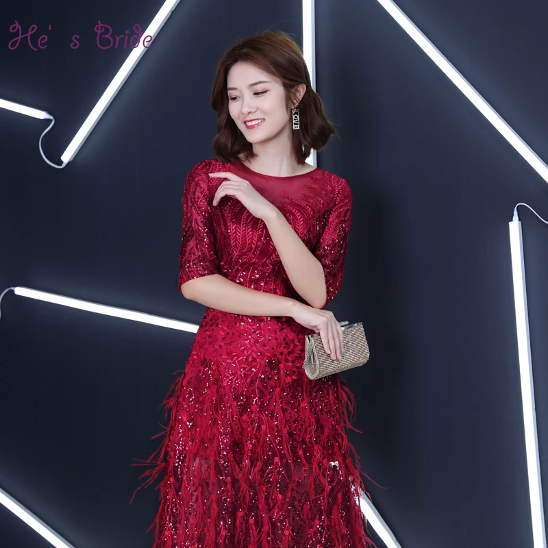 

He's Bride New Luxury Cocktail Dress Elbow Sleeve Lace Sequins Round Collar Knee-length Zipper Back Formal Gown Robe De Soiree