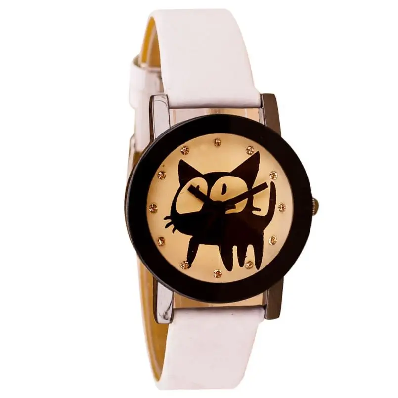 Женские наручные часы с кристаллами, женские часы для девушек, часы с милым котом и кожаным ремешком, аналоговые кварцевые наручные часы из сплава, Relogio# D