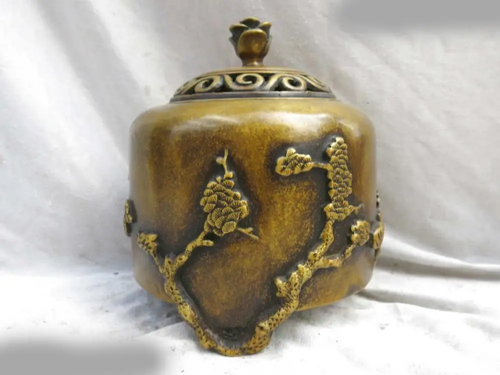 

DS Fine brass censer China carved pine tree flower copper incense burner Statue