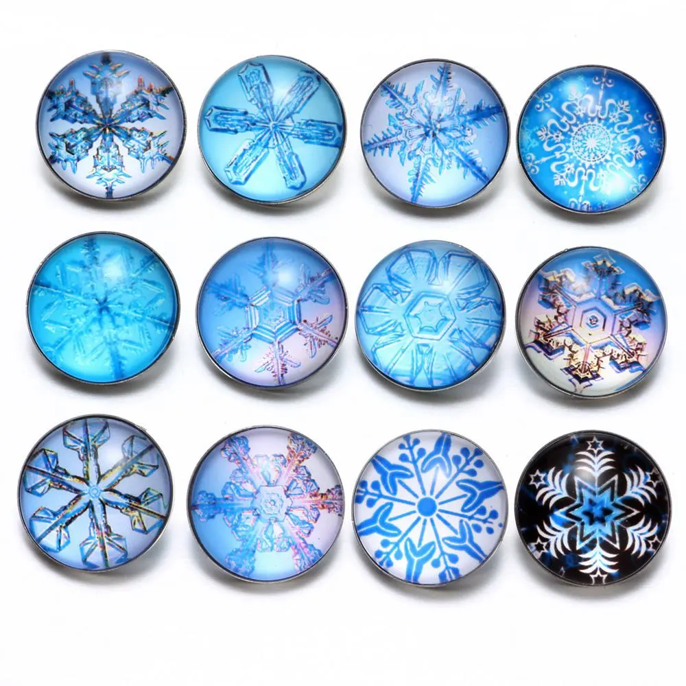 

12pcs/lot White Snowflake Pattern Glass Charm 18mm Snap Button Jewelry For 18mm Snaps Bracelet Snap Jewelry KZ0549