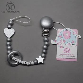 

CUSTOM -Any name Hand made cute brown wooden crochet beads dummy clip holder pacifier clips soother chain teether clip