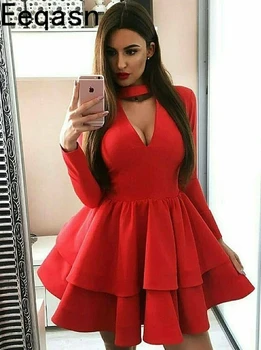 

Red Elastic Satin Short Cocktail Dresses 2020 Long Sleeves Tiered Mini Homecoming Dress V-neck Fashion Prom Gowns Cheap