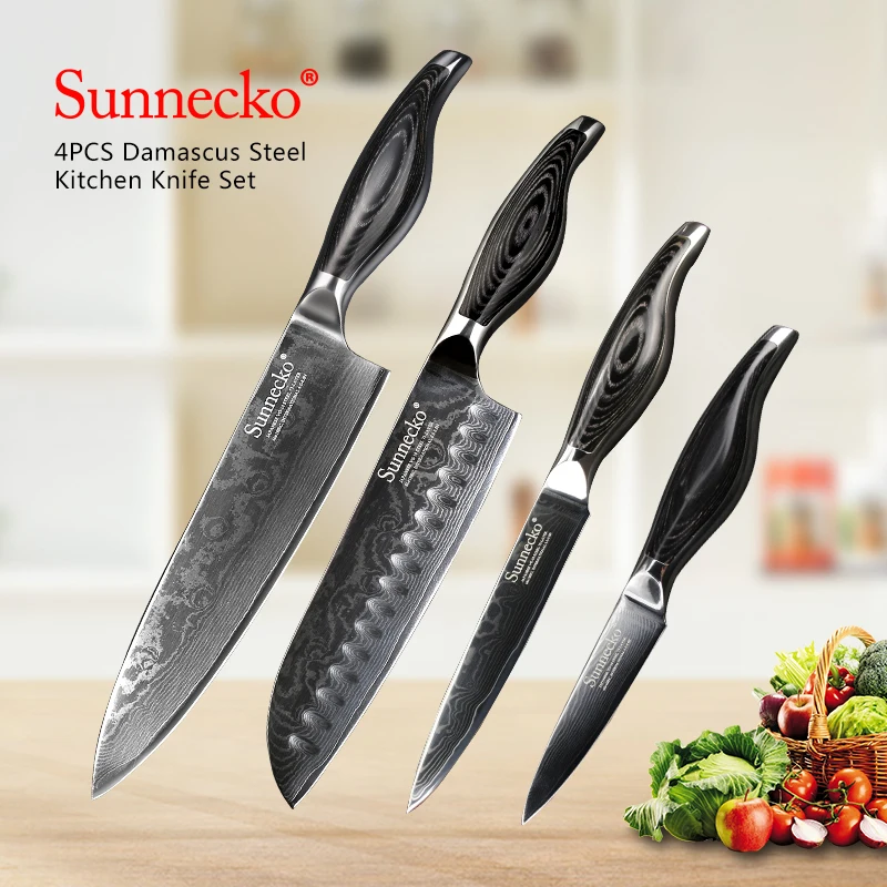 

SUNNECKO Utility Chef Knife 4PCS Kitchen Knives Set 73 Layers Japanese Damascus VG10 Steel Sharp Pakka Wood Handle Cutting Tools