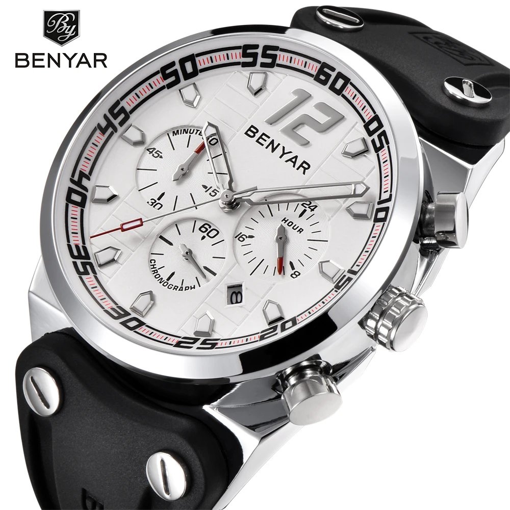 

BENYAR All Dials Work Chronograph Sports Mens Watches Complete Calendar Waterproof 30M Silicone Quartz Military Watch Men White