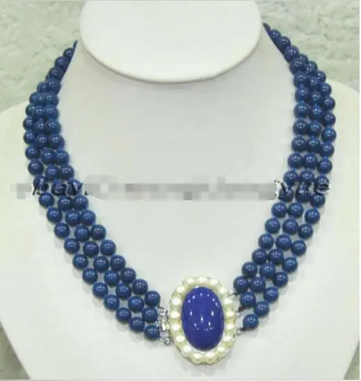 

Free shipping hot sale Women Bridal Wedding Jewelry >>3Rows 8mm Blue lapis lazuli Round Beads Fashion Jewelry necklace