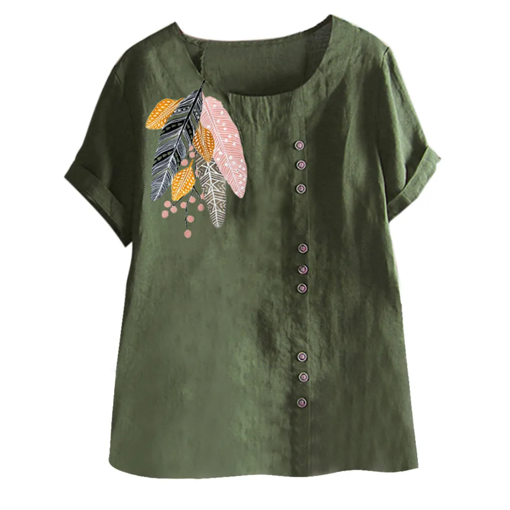 Женская рубашка с аппликацией и принтом из хлопка и льна с круглым вырезом, топы с коротким рукавом, женские летние топы размера плюс, рубашка, одежда, рубашка blusa - Цвет: Зеленый