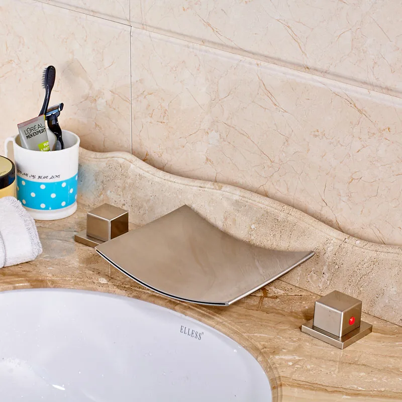 

Waterfall Spout Unique Design Basin Countertop Mixer Taps Deck Mounted Nickel Brushed