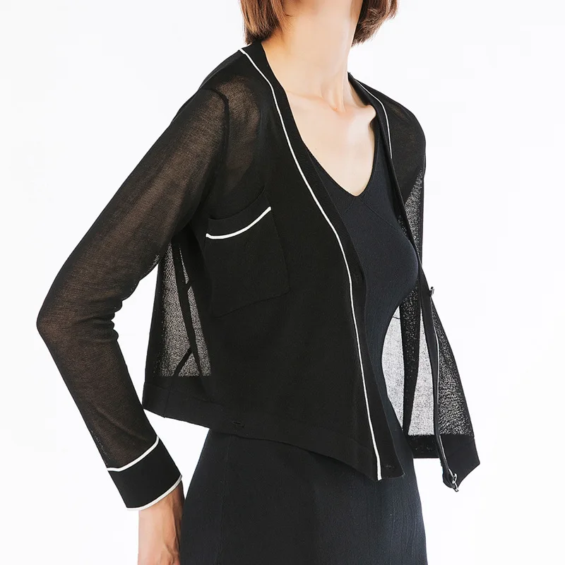 

Spring and summer short single pocket ice mahogany cardigan Semi-transparent long sleeve V-neck Small fragrance thin knit jacket