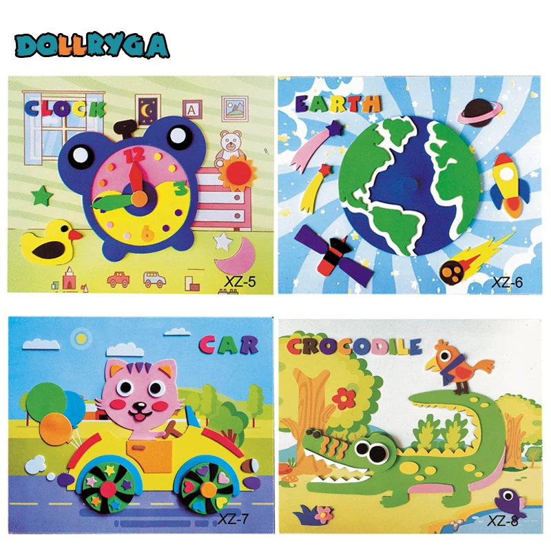 4 sets DIY Applique Kids Rotating Sticker Handmade Non-woven Cloth Cartoon Animal Rotating Painting Art CraftGift Soft EVA Toys 
