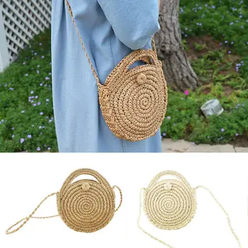 

Women Retro Beach Straw Bag Rattan Woven Round Handbag Messenger Shoulder Bag