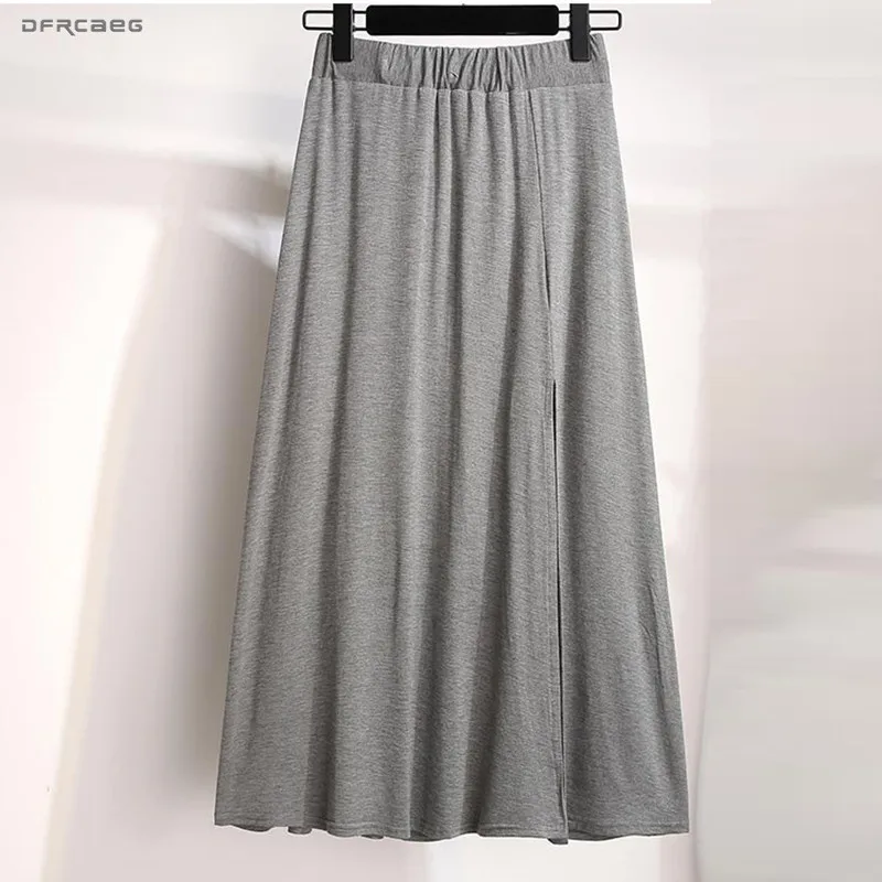

XL-3XL Black Gray Plus Size Modal Cotton Womens Midi Skirts Summer Thin Sexy Split Loose Big Size Ladies Casual Skirt Female