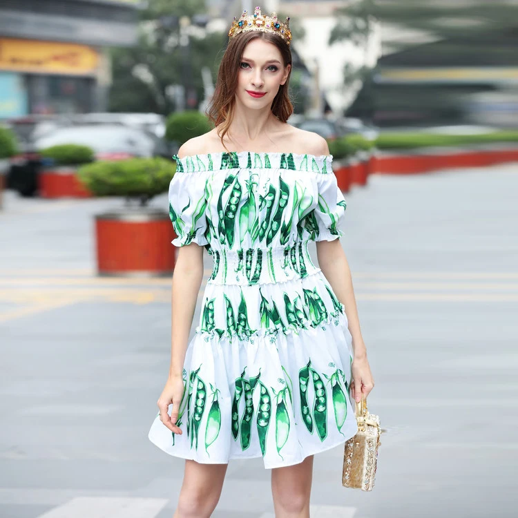 

Women Dress 2018 High Quality Spring Summer Runway Designer Slash Neck Short Sleeve Pea Printed Casual Mini Dress NPD0577N