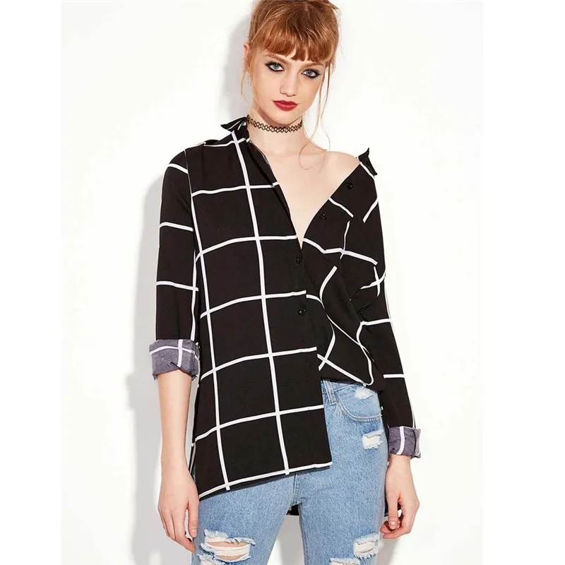 2017 Moda Outono Das Mulheres Camisa Xadrez de Manga Longa Double-layer Design Botão Sexy Camisa Blusa preta