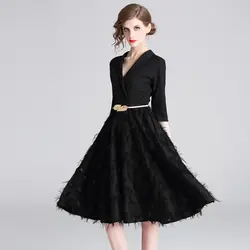 TUHAO v-образный Вырез черное платье женское 2019 Весна одежда OL для работы деловые платья с высокой талией кисточки элегантные Vestidos TS8502