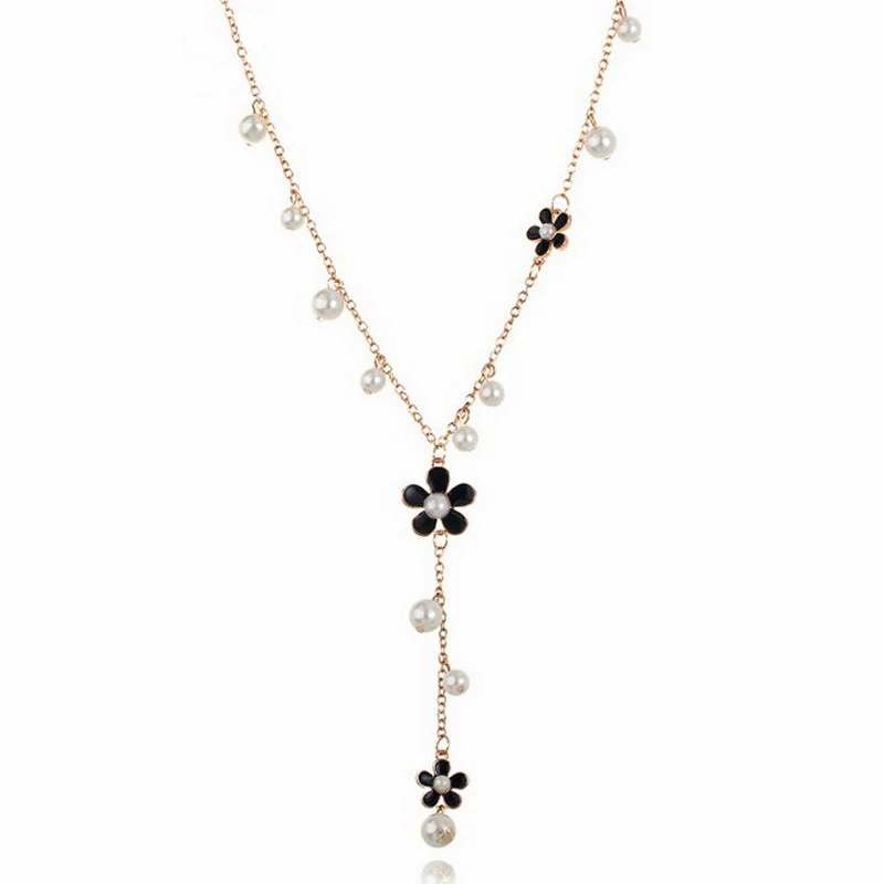 

Rinhoo Flower Necklace for Women Fashion Simulated Pearl Jewelry Long Necklaces Pendants