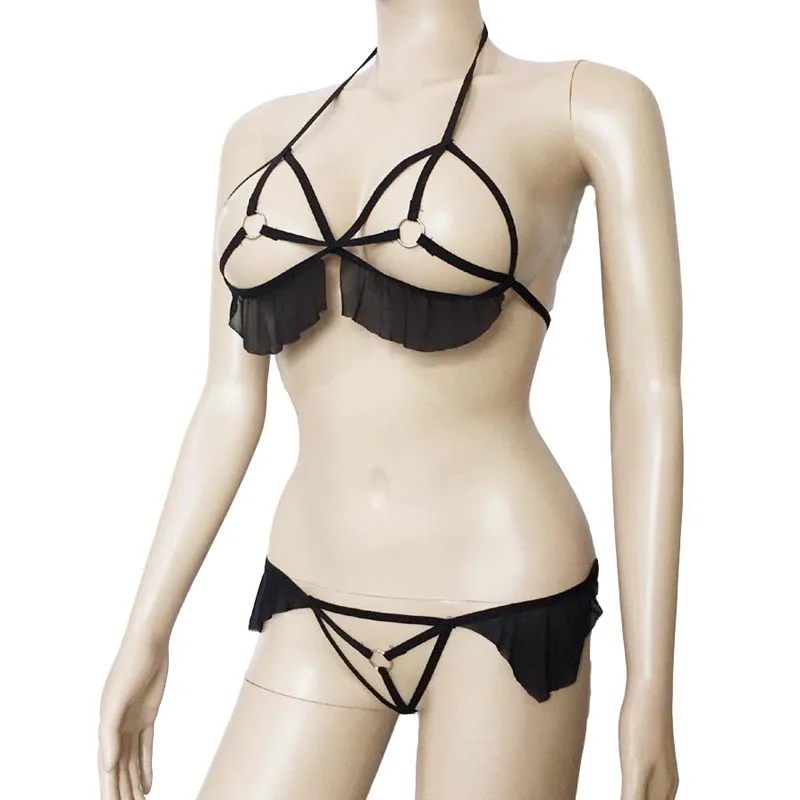 

Sexy Lingerie Set Strappy Bra Top and Thong with Metal Rings and Lace Trim Open Breast Crotchless Fantasy Bikini Underwear