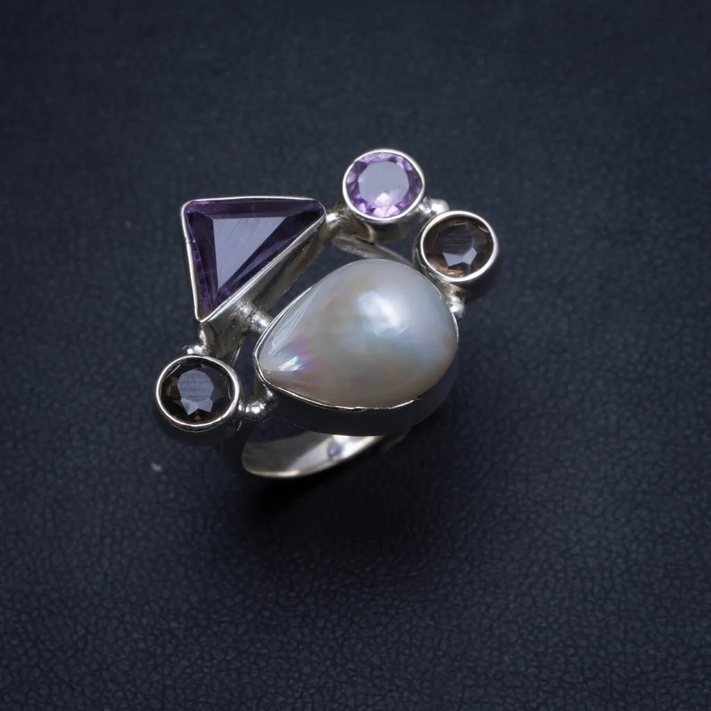 

Natural Biwa Pearl,Amethyst and Smoky Quartz Unique 925 Sterling Silver Ring, US size 6 T6173