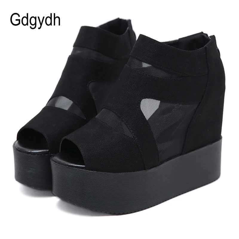 

Gdgydh Summer Women Ankle Boots Fashion Mesh Open Toe Female Wedges High Heeled Platform Ladies Sandals Boots Black Flock Shoes