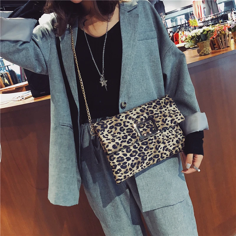 Leopard Конверт муфты для Для женщин мода складной Винтаж кожа Сеть Crossbody сумка женская сумка