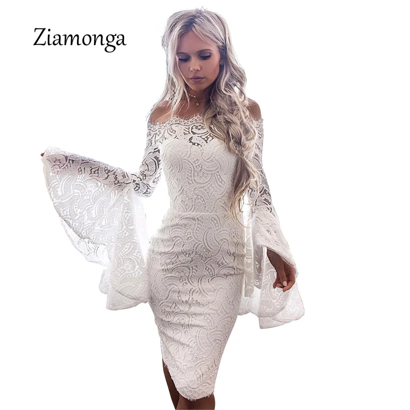 

Ziamonga Lace Dresses Women 2018 Autumn Spring Long Sleeve Crochet Shell Bell Sleeve Party Dress Vestido De Renda Ropa Mujer
