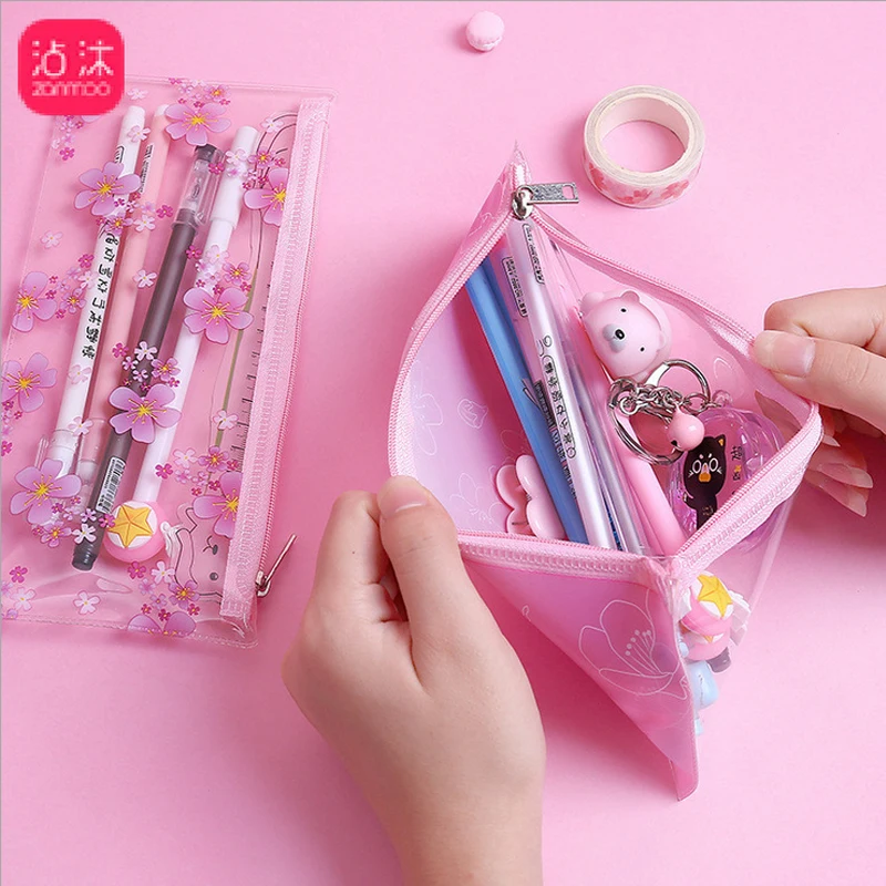 

Pink Cherry blossoms PVC transparent pencil case storage bag korean stationery school pencil cases for girl