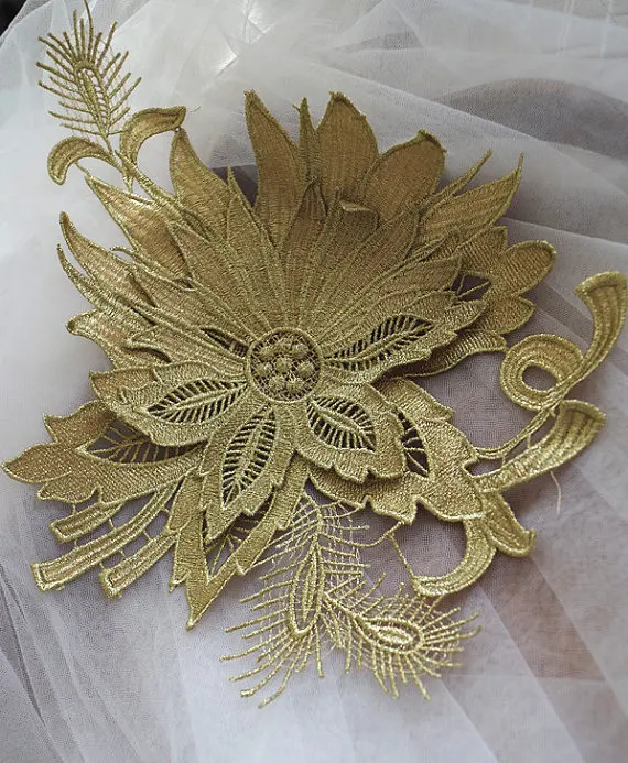 metallic Gold lace Applique, gold crochet Poeny Applique, Luxury Lace