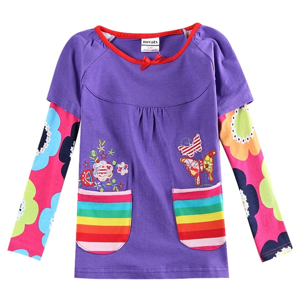 

Girls long-sleeved T-shirt pocket embroidered cotton autumn new girls 2~8 years old children wearing long-sleeved shirt T-shirt
