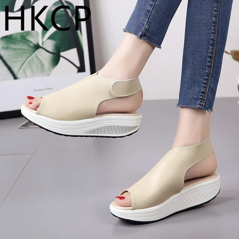 

HKCP Fashion women 2019 Summer Fishmouth Sandals Muffin Cake Thick Bottom Comfortable Magic Stick 43 Size C201