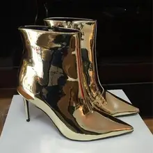 Серебристые женские ботильоны с острым носком на высоком каблуке; женские ботильоны из лакированной кожи с зеркальным блеском; модные полусапожки на шпильке; botas Mujer