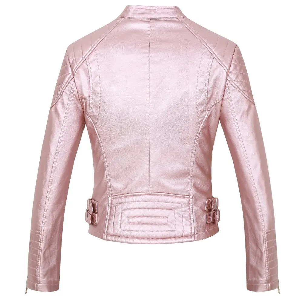 Модная женская элегантная байкерская куртка из искусственной кожи на молнии; цвет розовый, коричневый, черный; приталенное Женское пальто; повседневное Брендовое байкерское кожаное пальто