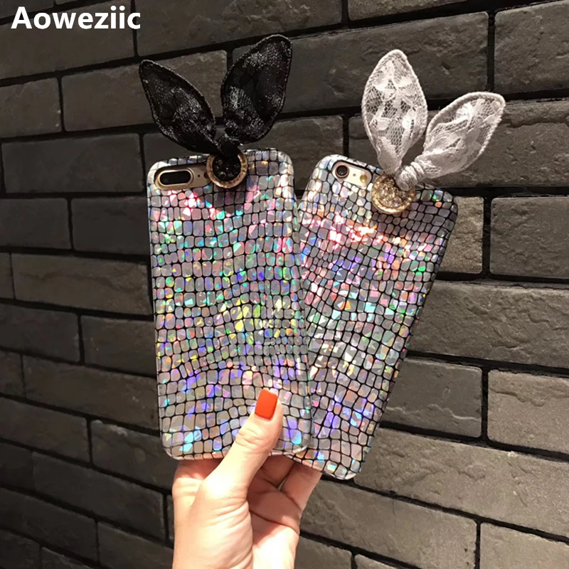 

Aoweziic Laser crocodile pattern For iPhone8plus lace rabbit ears X XR XS MAX mobile phone shell soft silicone 6s 7plus female
