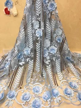 

African Lace Fabric 2019 High Quality Lace Sky Blue Bridal Lace Fabric With Sequins Nigerian Tulle Mesh Lace Fabrics
