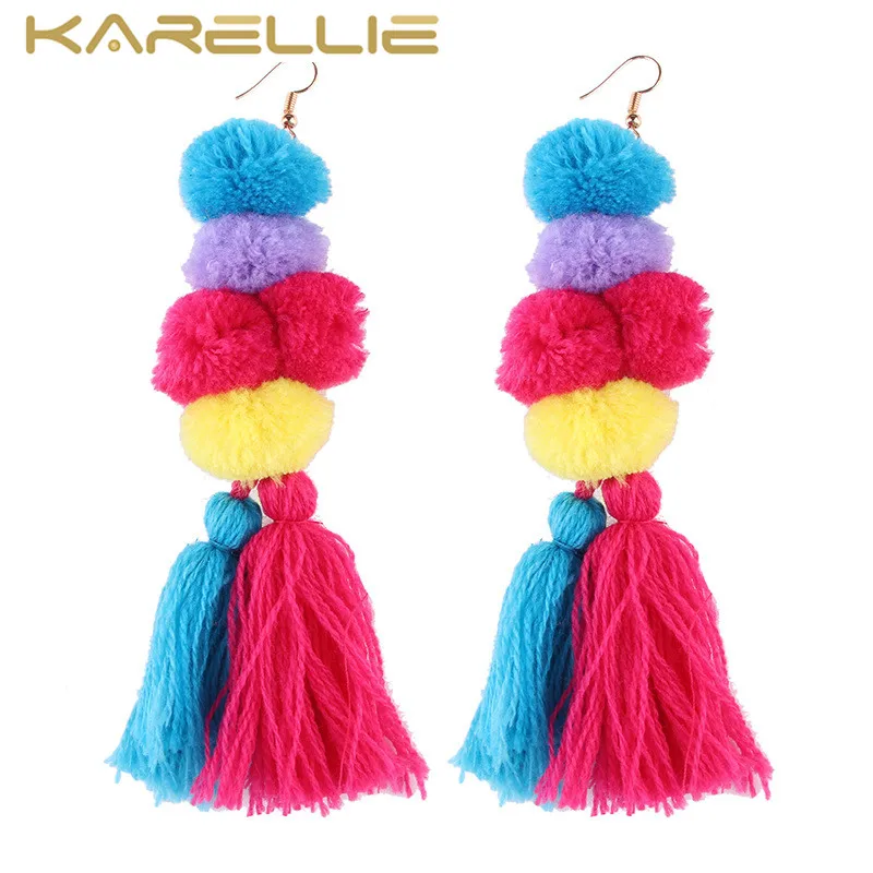 KARELLIE New Multicolored Cotton Ball Tassel Drop Earrings 2017 for