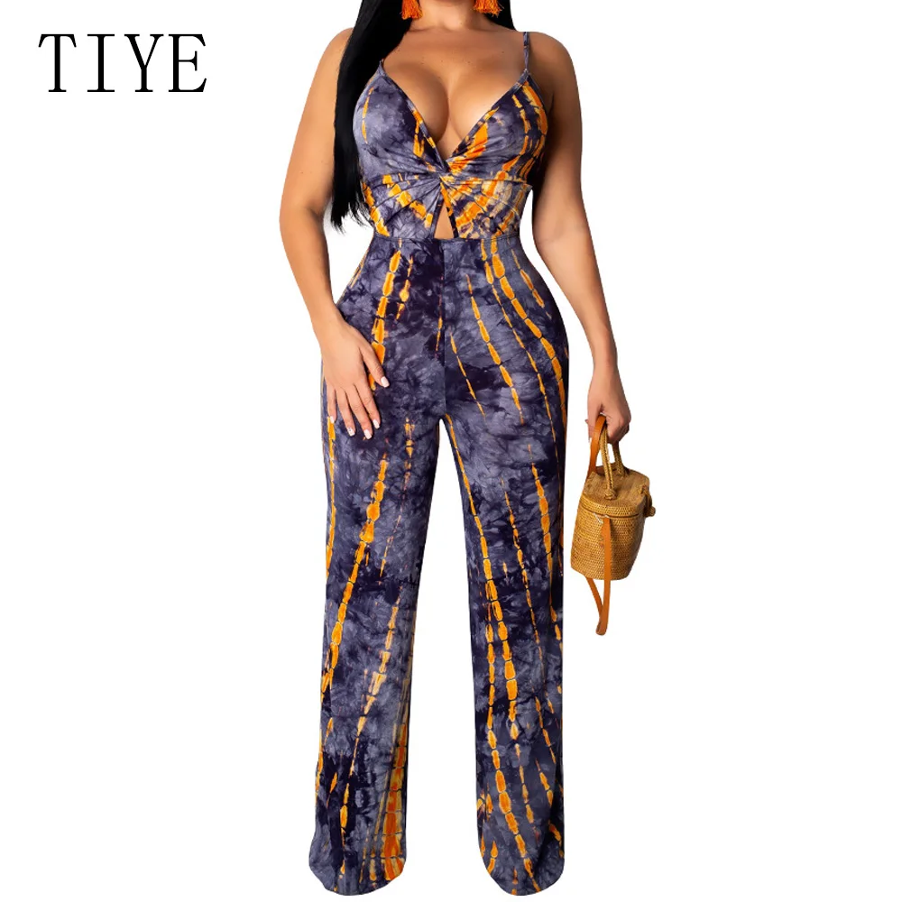

TIYE Elegant Casual Spaghetti Strap Women Jumpsuit Sexy Deep V Neck Hollow Out Female Playsuit Vintage Loose Bodysuits Overalls
