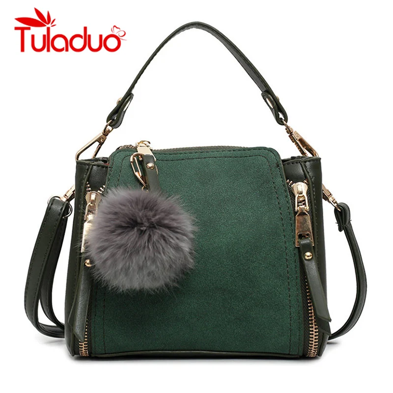 

Tuladuo Scrub Bags for Women 2018 Vintage Bucket Handbag Fur Ball Messenger Bag Women's Casual Tote Shoulder Bags Women Bag New
