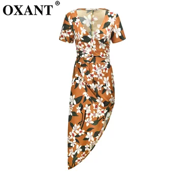 

Women's Printed Chiffon Sexy Skirt Set Bowknot Top T-shirt Two-piece Orange Lace Sleeveless Slit Casual Irregular Skirt Suit