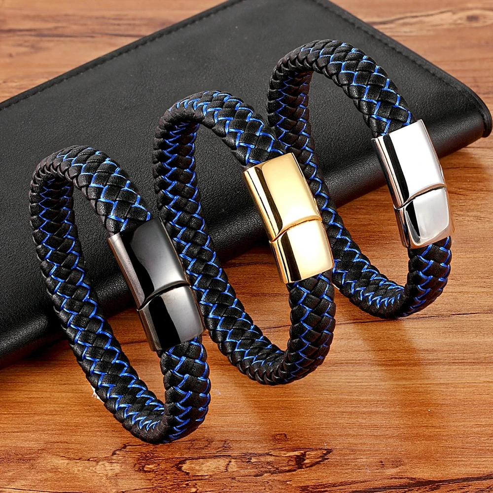 New Men Jewelry Punk Black Blue Braided Leather Bracelet for Men Stainless Steel Magnetic Clasp Fashion Bangles Gifts 6 Colors