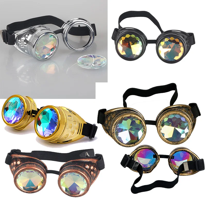 Hotselling Kaleidoscope Rainbow Crystal Lenses Steampunk Goggles EDM Glasses Gothic Cosplay Goggles Eyewear Vintage Halloween