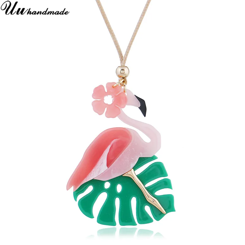 

Hot Sale Flamingo Pendant Necklaces Long Leather Sweater Chain Necklace Pendants Fashion Charms Jewelry Accessories 2018