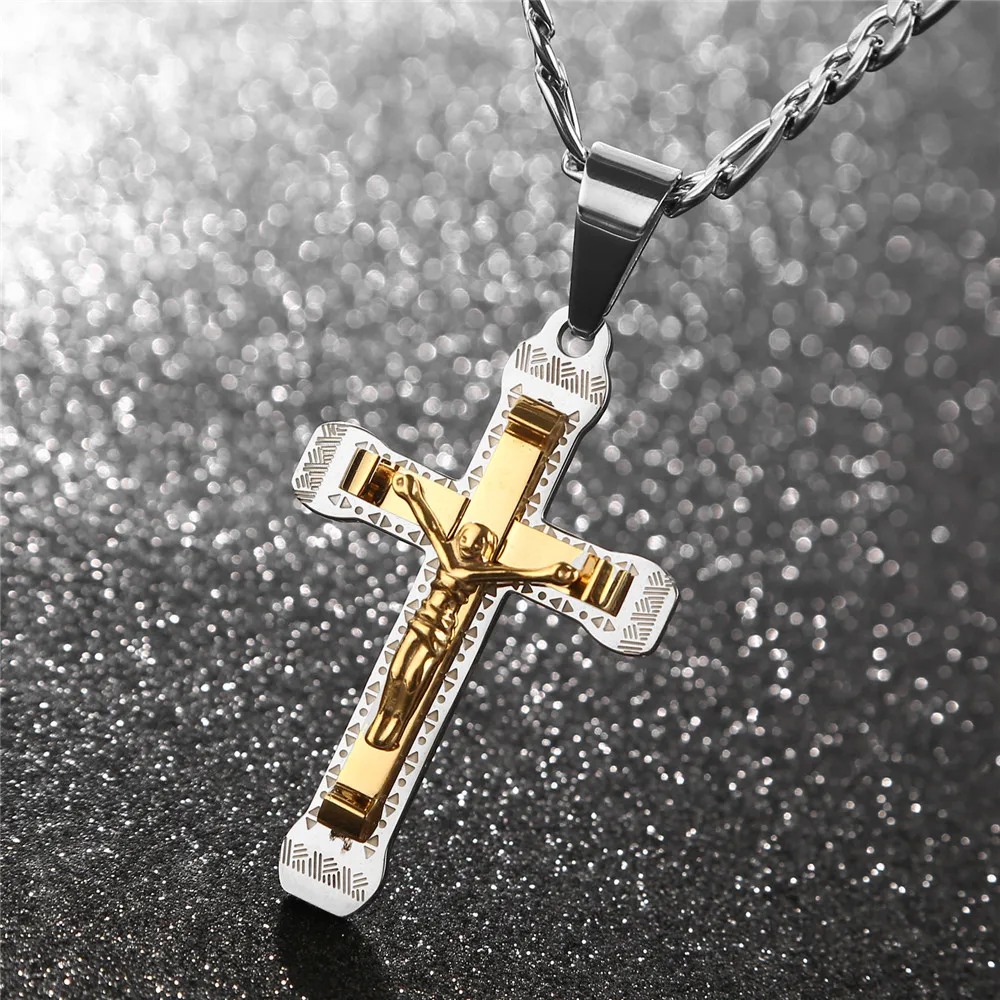 Jesus Mens Chain silver/Gold Tone Link chain Stainless Steel Cross PENDANT NECKLACE 24''