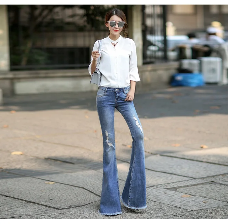 Новые модные Винтаж супер flare Джинсы для женщин пикантные средний рост Рваные джинсы Femme плюс Размеры хиппи широкие брюки джинсовые штаны Для женщин